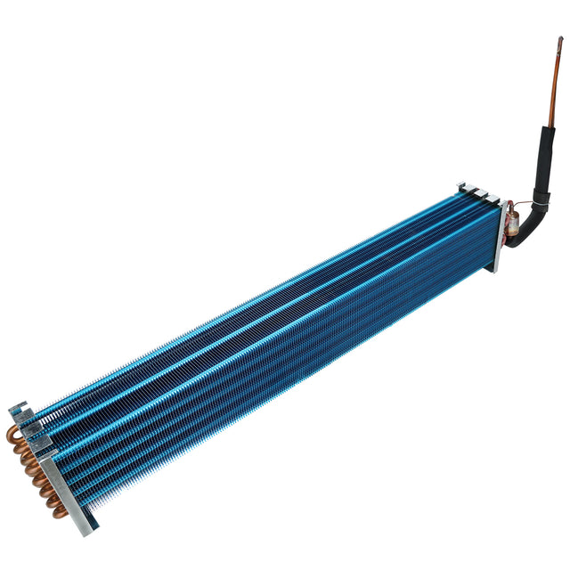 A blue metal E-KSP60 evaporator coil with tightly packed fins, copper tubing on one end, and a black insulated pipe attached to the side. The rectangular coil is used in Empura Refrigeration or air conditioning systems.