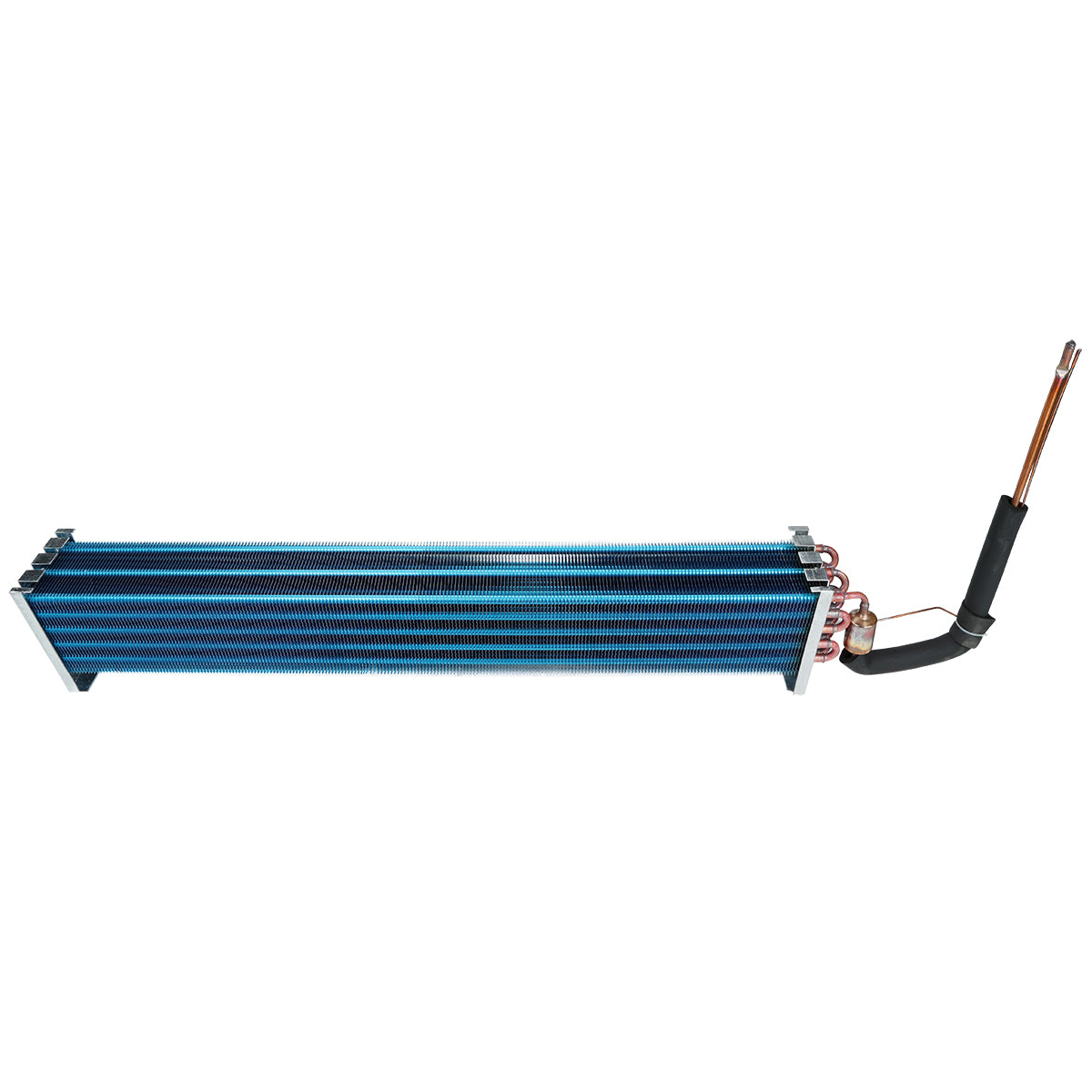 A horizontal blue aluminum finned tube heat exchanger, similar to an Empura Refrigeration Evaporator Coil E-KSP60, with coiled copper pipes on one end, connected to black insulated tubing and a copper probe, isolated on a white background.