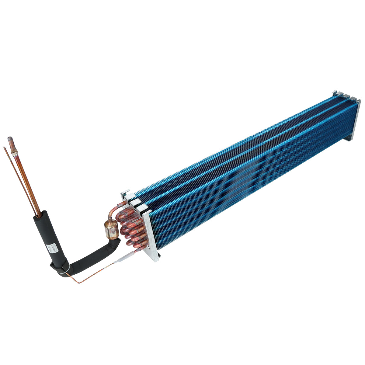 The Empura Refrigeration E-KSP60 evaporator coil is a blue metal finned heat exchanger with copper tubing and a black insulated segment, commonly used in HVAC systems for efficient heat transfer or air cooling. The elongated unit features parallel rows of fins.