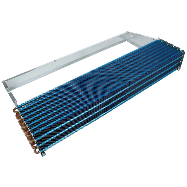 A metal Empura Refrigeration evaporator coil with closely packed blue fins and copper tubing is mounted in a rectangular silver frame. The tubes run through the fins, enhancing heat transfer, and the assembly is angled to show depth and structure.