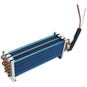A blue and silver metal heat exchanger coil with copper pipes attached, standing on four short legs. One end has insulated copper tubing and a cylindrical component, making it an ideal Evaporator Coil for Empura Refrigeration systems. Plain white background.