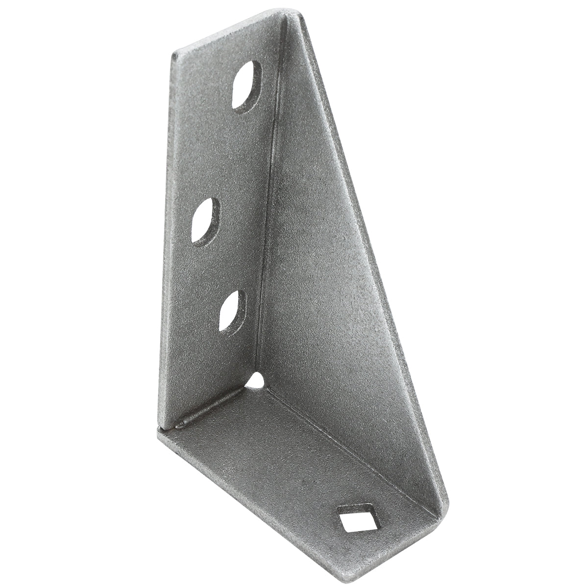 A metal L-shaped Door Hinge Bracket with four holes—three circular on the vertical side and one square on the base—used for joining or reinforcing surfaces at a right angle. Matte, slightly textured finish, compatible with Empura Refrigeration units.