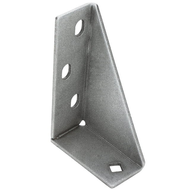 A metal L-shaped Door Hinge Bracket with four holes—three circular on the vertical side and one square on the base—used for joining or reinforcing surfaces at a right angle. Matte, slightly textured finish, compatible with Empura Refrigeration units.