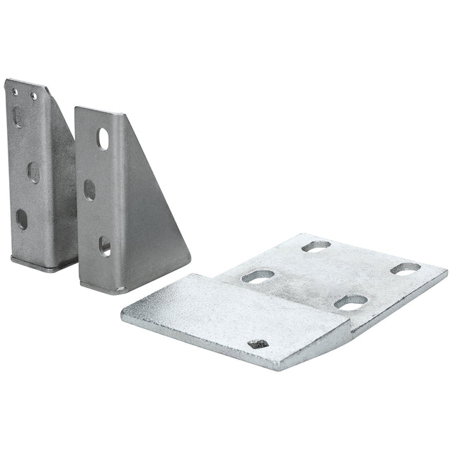 Two metal right-angle brackets are shown. One set is upright, displaying its faces with holes for mounting. The other lies flat, revealing four holes for screws or bolts. These sturdy Empura Parts brackets suit industrial or Empura Refrigeration needs.