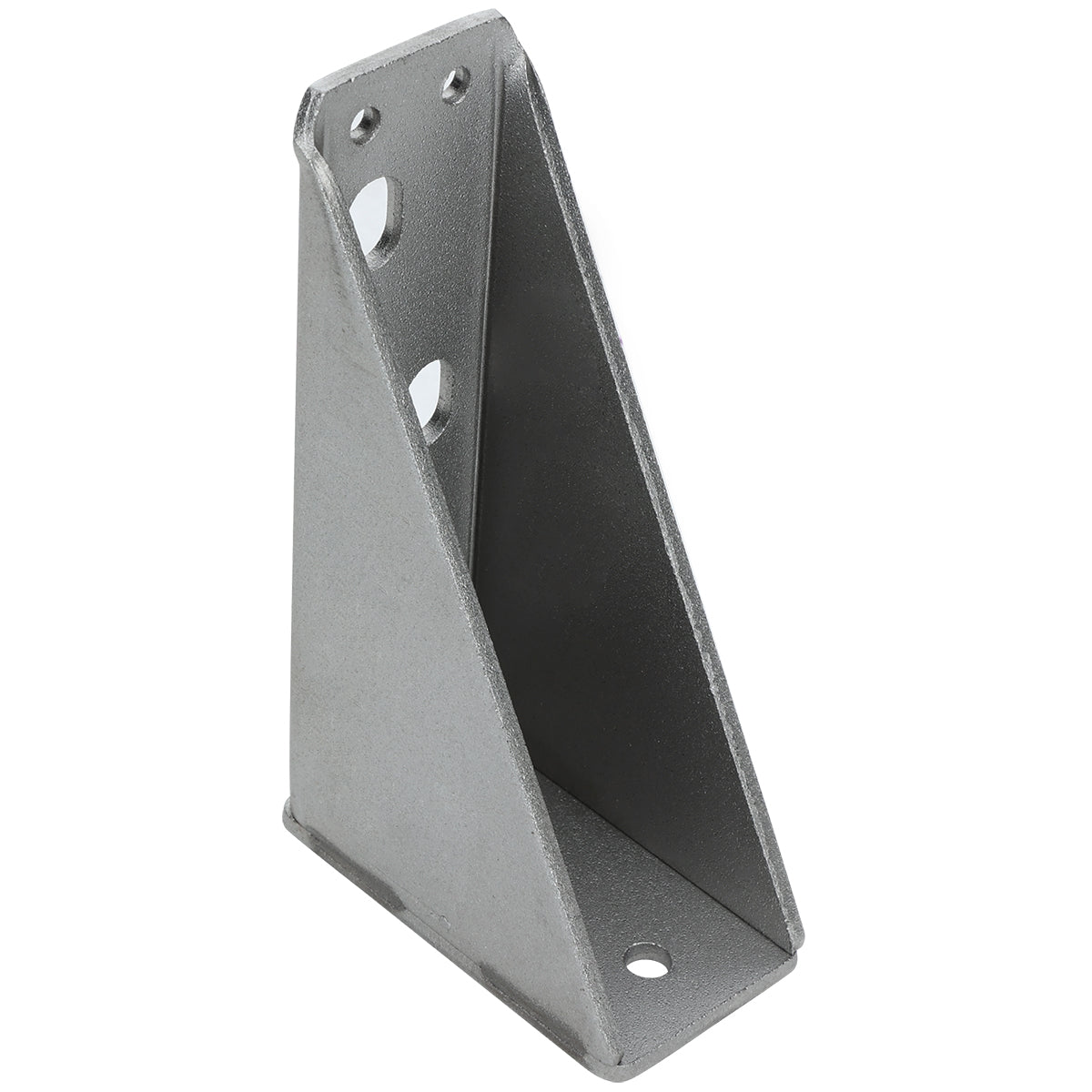A grey metal right-angle bracket with a triangular side profile, three mounting holes, and a smooth finish. This Empura Parts bracket is designed to provide structural support in constructions or as a door hinge bracket in assemblies.