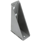 A grey metal right-angle bracket with a triangular side profile, three mounting holes, and a smooth finish. This Empura Parts bracket is designed to provide structural support in constructions or as a door hinge bracket in assemblies.