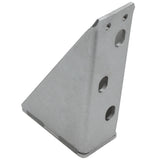 A gray, triangular metal bracket with a flat base and three rounded holes on one face. This sturdy Empura Parts bracket features a right-angled design and smooth edges, making it ideal as a door hinge bracket for Empura Refrigeration units.