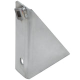 A metal, triangular Door Hinge Bracket with a smooth surface and a right angle. One side has a circular hole near the base, and the top corner features a rectangular notch with visible welds. Matte silver finish fits Empura Refrigeration units.