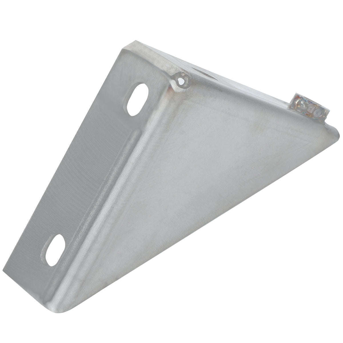 A metal L-shaped door hinge bracket with two oval mounting holes on one side and a single hole on the other. This Empura Parts component features a brushed, metallic finish and is ideal for structural support or Empura Refrigeration mounting needs.
