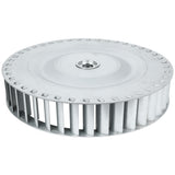 A silver metal Empura Equipment blower wheel with straight blades and a central hub for mounting, shown against a white background. The wheel is circular and flat, featuring evenly spaced rectangular blades around the outer edge.