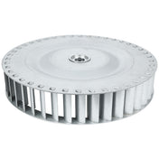 A silver metal Empura Equipment blower wheel with straight blades and a central hub for mounting, shown against a white background. The wheel is circular and flat, featuring evenly spaced rectangular blades around the outer edge.