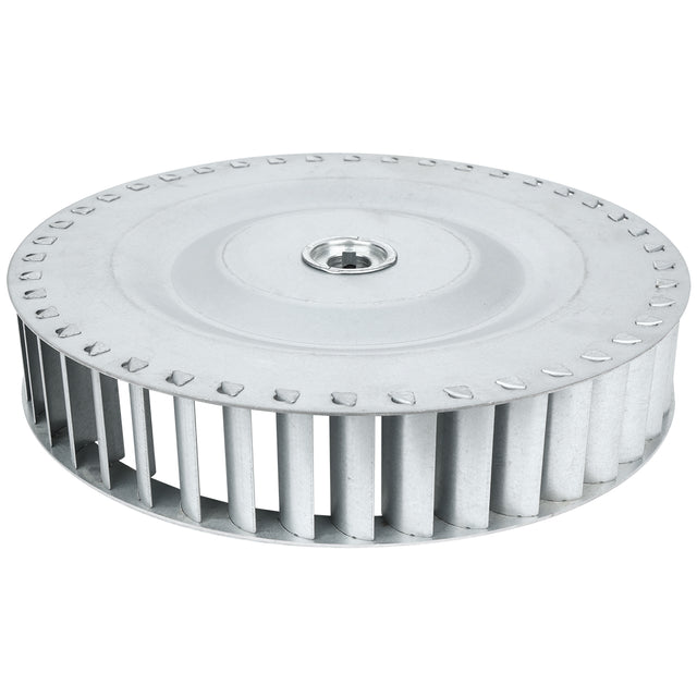 A silver metal Empura Equipment blower wheel with straight blades and a central hub for mounting, shown against a white background. The wheel is circular and flat, featuring evenly spaced rectangular blades around the outer edge.