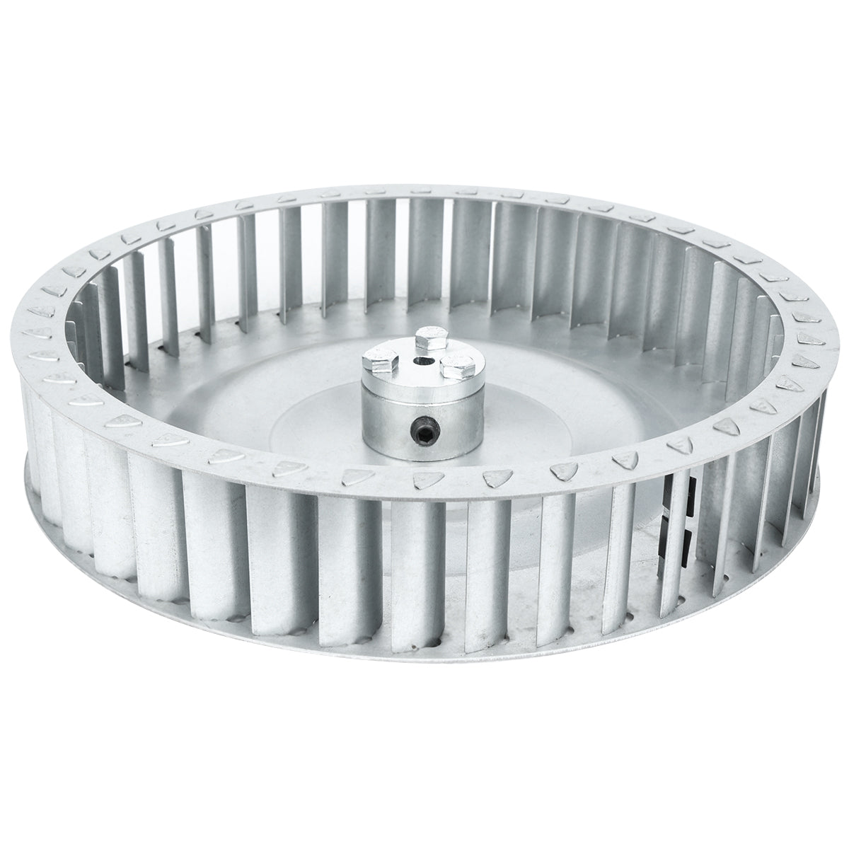 A round, metallic blower wheel from Empura Equipment with evenly spaced straight blades along the rim, a solid central hub, and a small mounting screw on the flat center surface against a white background. Ideal for replacing Empura Parts.