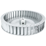 A round, metallic blower wheel from Empura Equipment with evenly spaced straight blades along the rim, a solid central hub, and a small mounting screw on the flat center surface against a white background. Ideal for replacing Empura Parts.
