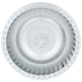 A metallic Empura Equipment blower wheel with angled blades evenly spaced around the edge. The shiny, silver surface features three small screws in the center. This symmetrical Empura Parts piece is viewed from above on a white background.