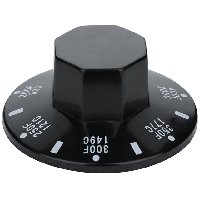 A black Empura Parts knob with white temperature markings from 200°F (93°C) to 350°F (177°C). Featuring a hexagonal grip and round base, this knob is commonly used for controlling Empura Equipment ovens or appliances.
