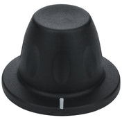 A black plastic control knob for Empura Equipment with a flared base, rounded top, and textured sides. A white line indicator is printed vertically on the base, marking precise adjustments. The knob is isolated on a white background.