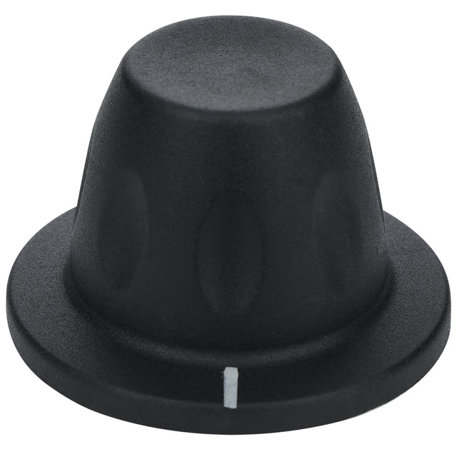 A black plastic control knob for Empura Equipment with a flared base, rounded top, and textured sides. A white line indicator is printed vertically on the base, marking precise adjustments. The knob is isolated on a white background.
