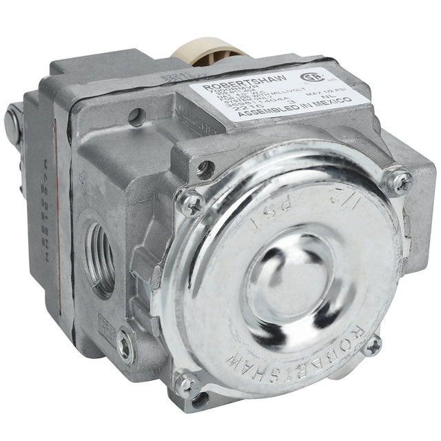 Close-up of a metallic gas valve (Valve(NAT)) with a round, shiny cover labeled ROBERTSHAW. Features threaded pipe connections, visible screws, and a white label with technical details. Compatible with Empura Equipment and Empura Parts. White background.