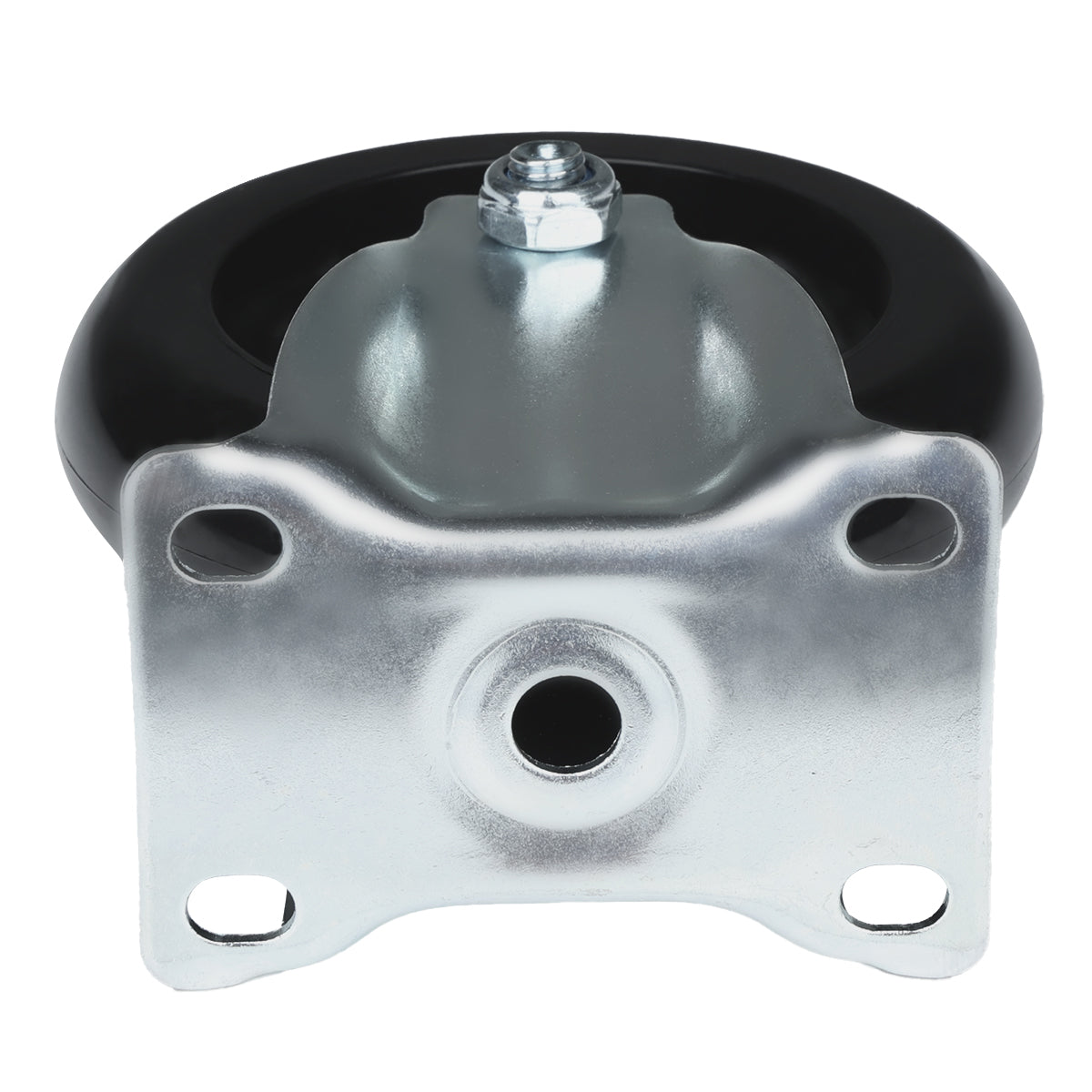 Close-up view of a single black 4" fix caster wheel with a metallic mounting plate, featuring EGF-40/50 compatibility and four corner holes for attachment. This Empura Parts wheel is partially encased by the metal bracket against a white background.
