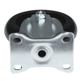 Close-up view of a single black 4" fix caster wheel with a metallic mounting plate, featuring EGF-40/50 compatibility and four corner holes for attachment. This Empura Parts wheel is partially encased by the metal bracket against a white background.