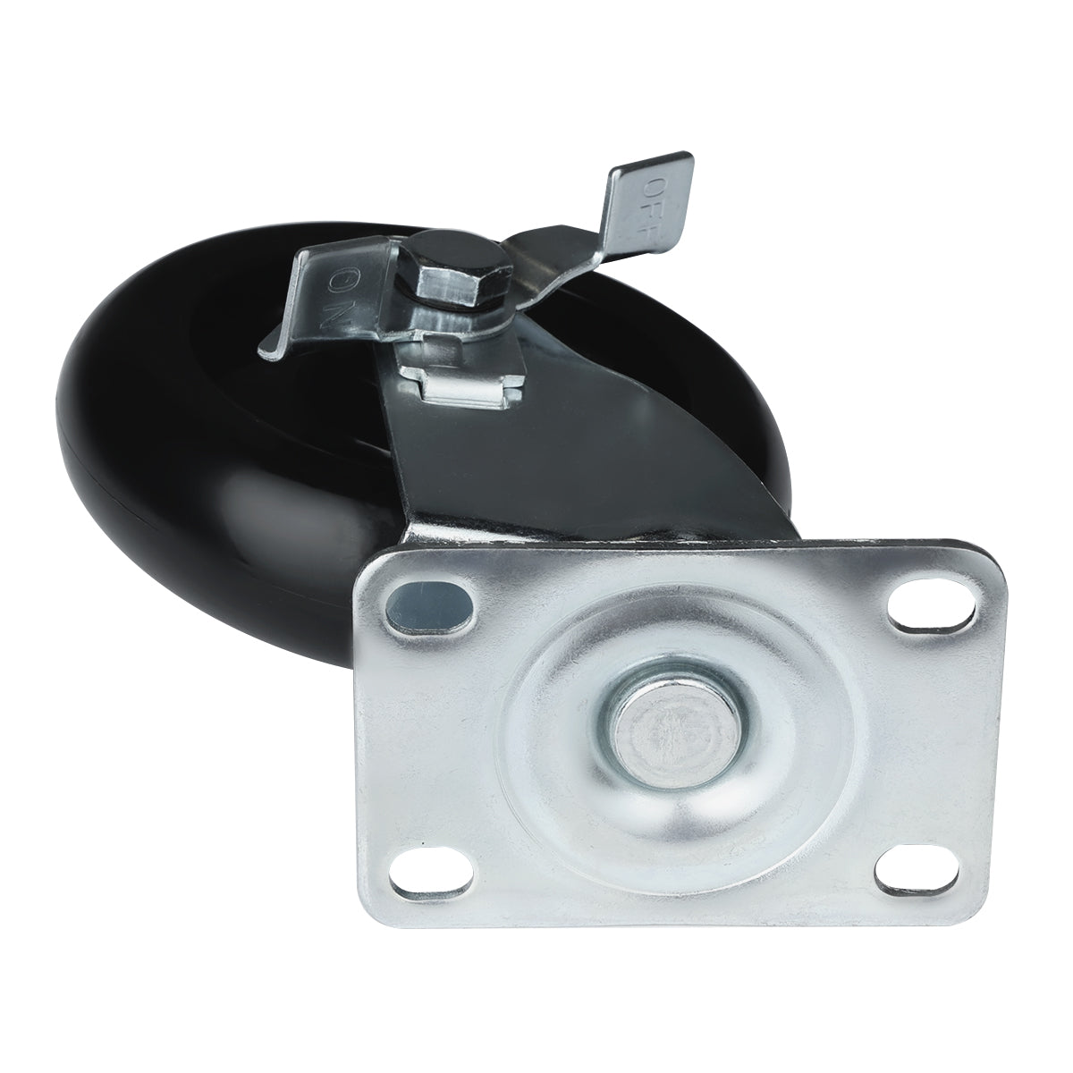 A close-up of a 4" swivel caster with brake from Empura Parts, featuring a metal mounting plate with four screw holes and a black rubber wheel. The metal brake lever labeled “OFF” is shown on top of the caster.