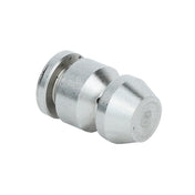 A silver, cylindrical metal part from Empura Equipment with a grooved middle section and chamfered ends, lying on its side against a white background. The machined pilot component features a smooth, reflective surface.