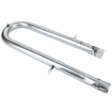 A shiny, metallic U-shape burner with mounting brackets and a flat attachment plate, designed as a replacement part for gas grill charbroilers. This Empura Parts burner features a simple, functional design and reflective surface.