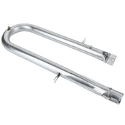 A shiny, metallic U-shape burner with mounting brackets and a flat attachment plate, designed as a replacement part for gas grill charbroilers. This Empura Parts burner features a simple, functional design and reflective surface.