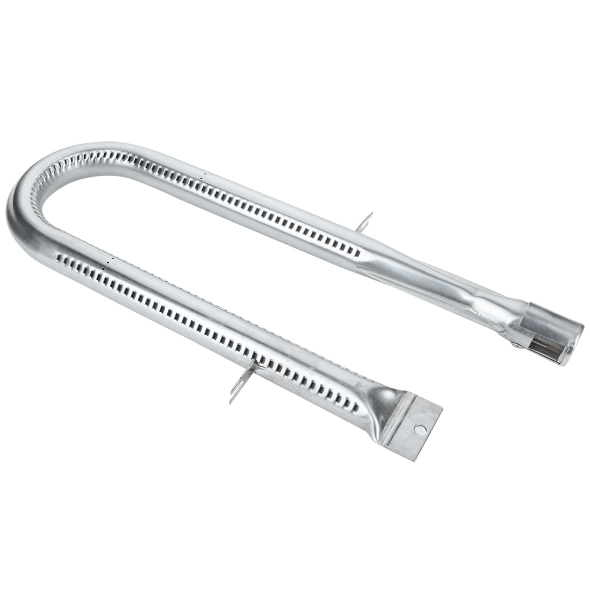 A stainless steel U shape burner for Charbroilers, featuring rows of small flame holes along both sides. This Empura Parts gas grill burner has a mounting bracket at one end and an open connector for gas supply attachment.