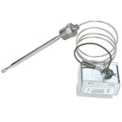 A metallic hi limit thermostat sensor with a long cylindrical probe attached to a flexible coiled wire and a rectangular silver control box. The box has a white label with text, common in Empura Equipment, and is mounted with a screw terminal on its side.