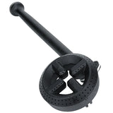 A black cast iron back burner assembly with a round, perforated base and four supporting spokes, attached to a long pipe; used for distributing gas flames in stoves or outdoor Empura Equipment.