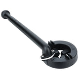 A black cast iron pipe threading tool from Empura Equipment features a long handle and a round, toothed die head with adjustable jaws for cutting screw threads onto pipes. Clear engraved markings are visible, shown against a white background.