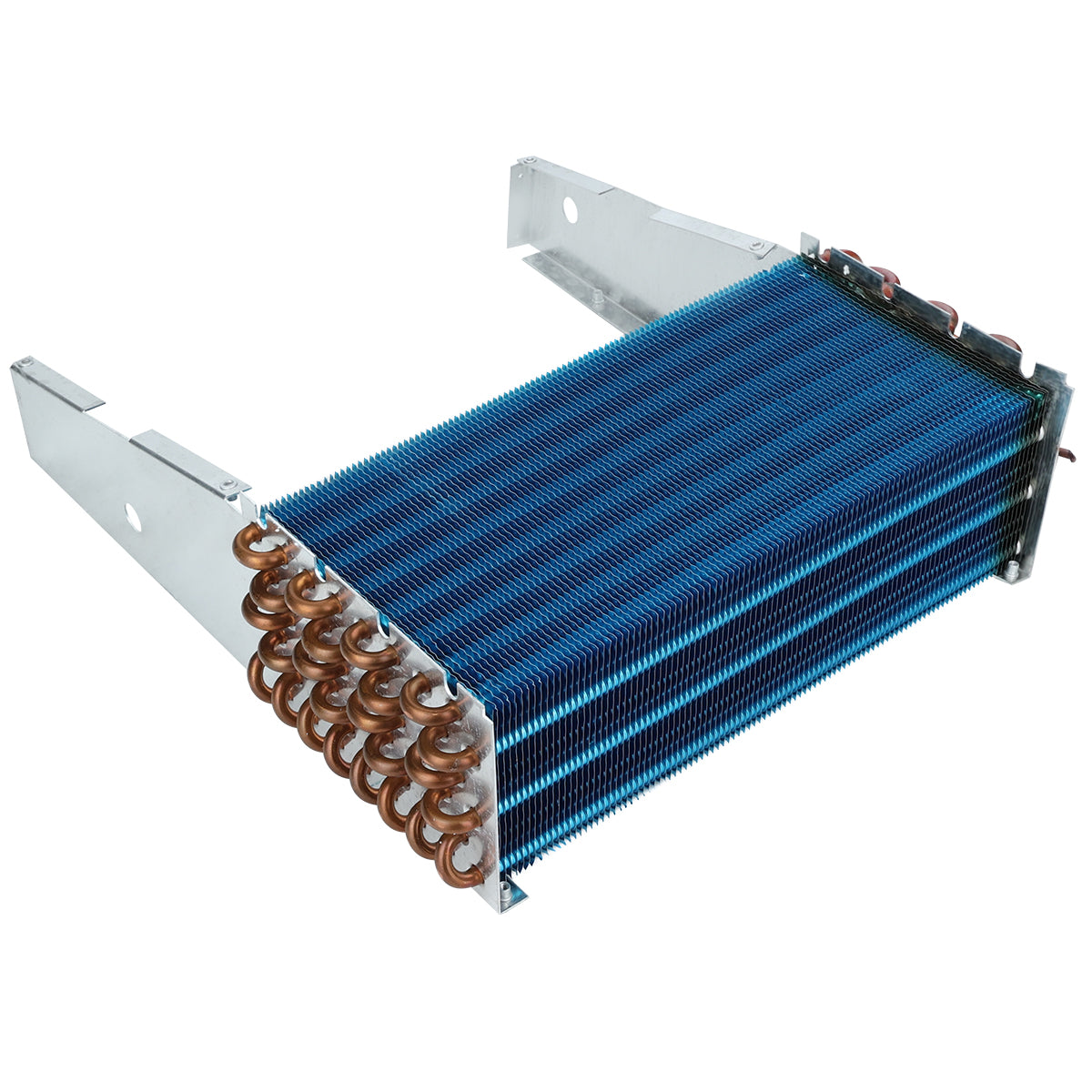 A metal Evaporator Coil with multiple blue aluminum fins and copper coils, mounted on a silver frame. Ideal for Empura Refrigeration, the fins are stacked horizontally with copper tubing looped through for efficient heat transfer. Plain white background.