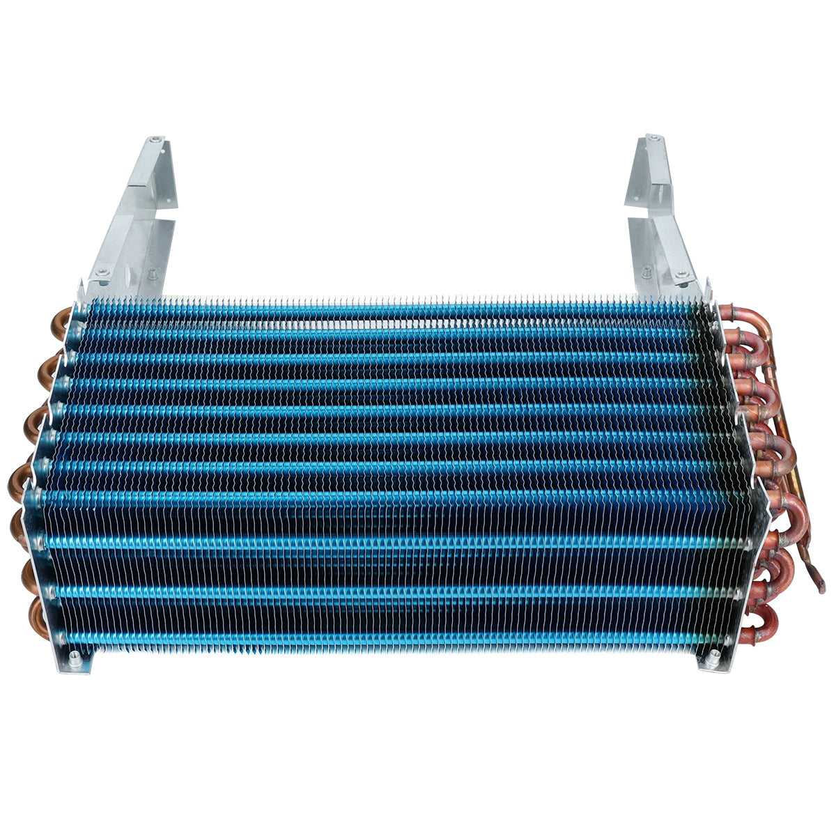A metallic Empura Refrigeration evaporator coil with horizontal blue cooling fins and copper tubes, mounted on a silver frame with two brackets on each end, viewed from the side against a white background.