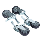 Four black and silver swivel caster wheels with metal stems and brackets are arranged diagonally on a white background; part of the 4" Caster Kit for Wire Shelving Kits from Empura Parts. Two wheels have brakes, while two do not; all are shiny and solidly built.