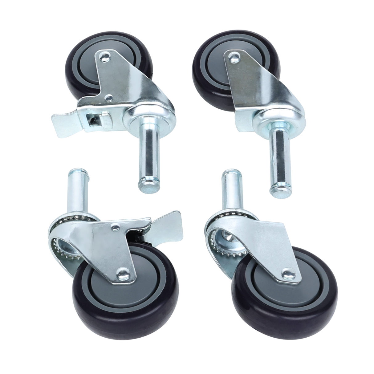 Four black swivel casters with silver brackets from an Empura Parts 4" Caster Kit are arranged on a white background. Two have side-mounted brakes, while the other two do not. All include cylindrical stems for use with Wire Shelving Kits.
