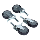 Four black and gray Empura caster kit wheels with metal mounting stems and brackets are arranged on a white background. Two of the 5 inch casters have visible locking mechanisms, ideal for wire shelving stability.