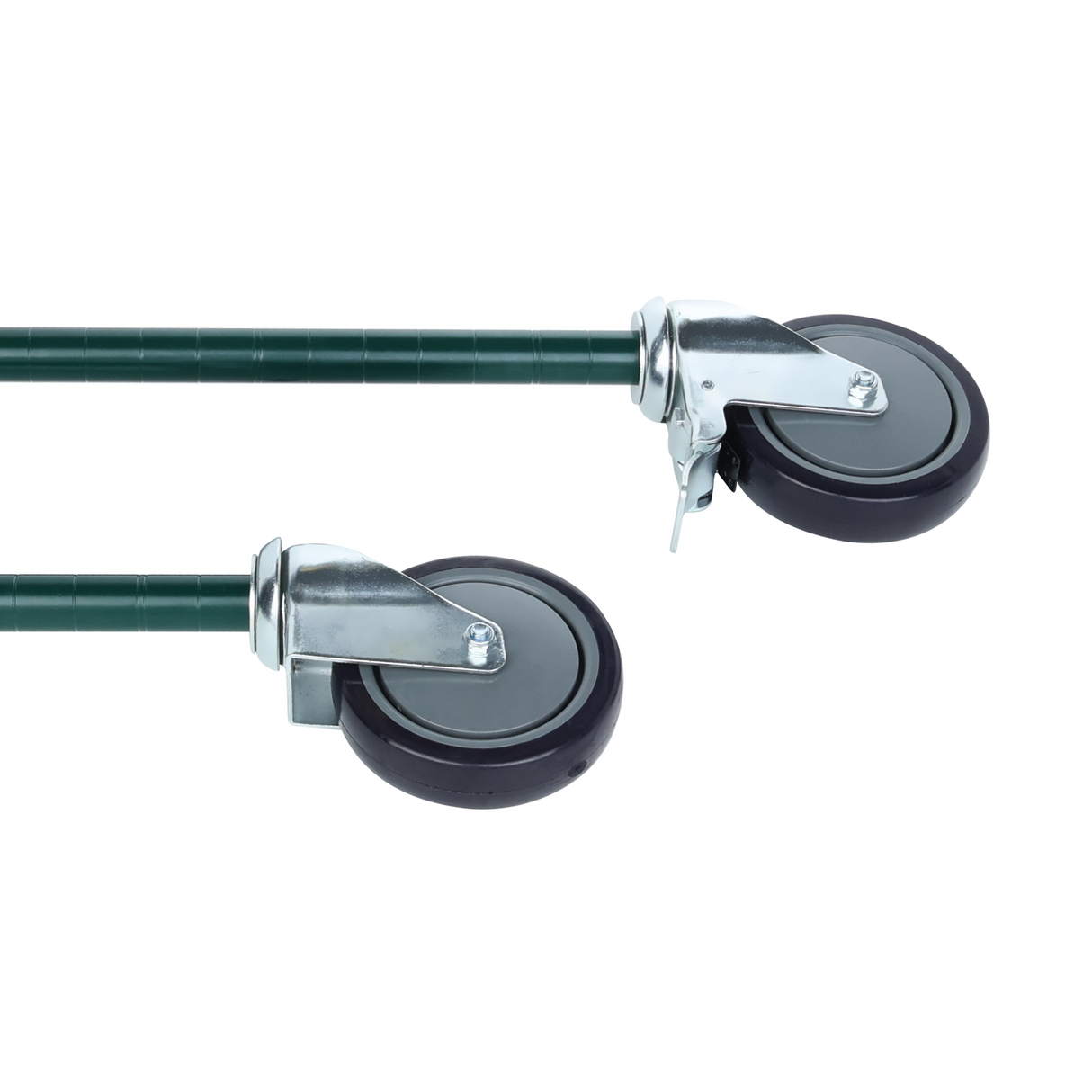 Two 5 inch casters with black rubber tires are attached to green tubular rods, perfect for wire shelving. Both feature metal brackets, and one has a lever brake. The plain white background highlights the Empura caster kit’s details and structure.