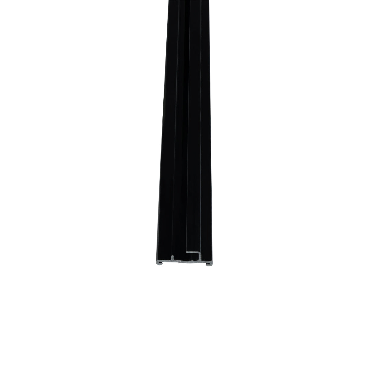 A single, vertically-oriented black metal or plastic strip with grooves is shown against a plain white background. The bottom edge features a small notch, suggesting it may be an EGM-75B Empura Parts price tag set component for construction or furniture.