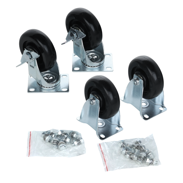 This Empura Parts 5" caster set includes four black rubber wheels with metal brackets—two locking casters and two without. Arranged on a white background, they come with metal bolts and nuts in small plastic bags placed in front.