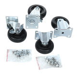 Five black and silver Empura Parts metal locking casters are displayed; three 5" caster set pieces show mounting plates, while two reveal the wheels. Two small plastic bags with bolts and nuts sit in front on a white background.