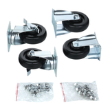 Four black 5" caster set swivel wheels with silver metal mounting plates are arranged on a white background. Below the wheels, two small clear plastic bags contain metal nuts, bolts, and washers for assembly by Empura Parts.