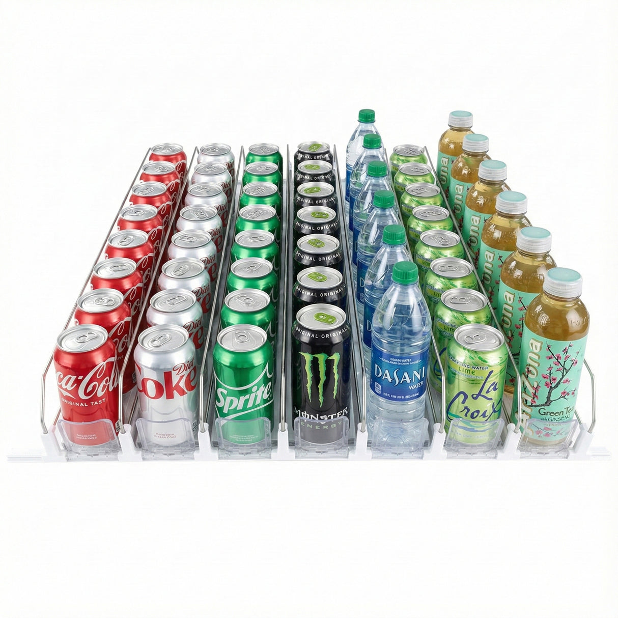 Five rows of drinks in a fridge rack: Coca-Cola, Diet Coke, Sprite, Monster Energy, Dasani water, LaCroix, and green tea bottles. Transparent racks feature a Product Pusher add-on accessory by Empura Refrigeration for organized display.