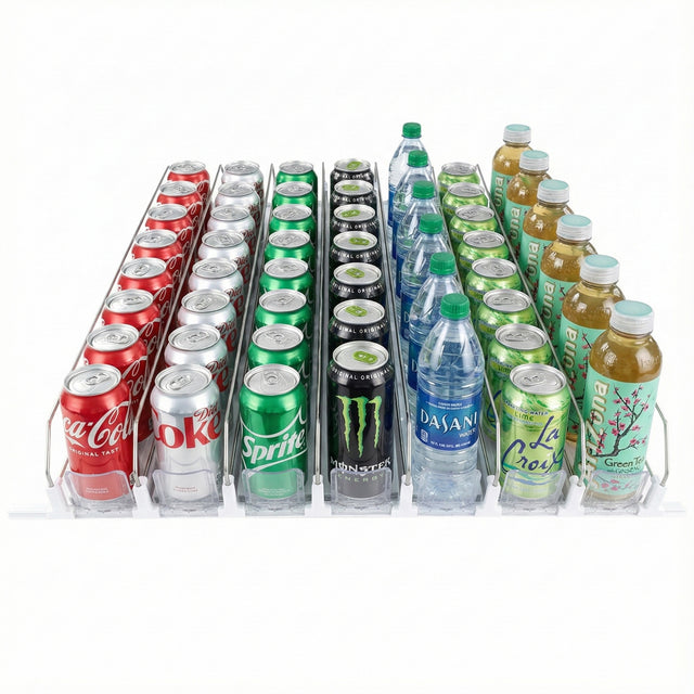 Five rows of drinks in a fridge rack: Coca-Cola, Diet Coke, Sprite, Monster Energy, Dasani water, LaCroix, and green tea bottles. Transparent racks feature a Product Pusher add-on accessory by Empura Refrigeration for organized display.