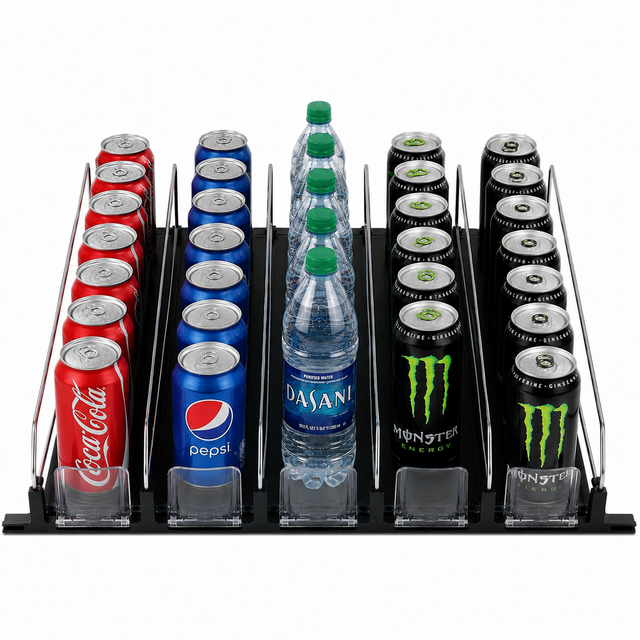 A black Empura Refrigeration shelf organizer holds five rows: left with Coca-Cola cans, second with Pepsi, third with Dasani water bottles, and right with Monster Energy. Each row features product pusher dividers and clear front stoppers for neat display.