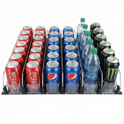 A drink organizer with a product pusher holds four rows of beverages: red Coca-Cola cans, blue Pepsi cans, clear Dasani water bottles, and black Monster Energy cans—all neatly upright in clear plastic lanes as a handy shelf accessory.
