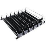 A black and transparent plastic shelf organizer with six angled rows separated by metal dividers, designed for product organization and efficient dispensing of items like bottles or cans in a retail setting. The rows feature a slanted Product Pusher system.