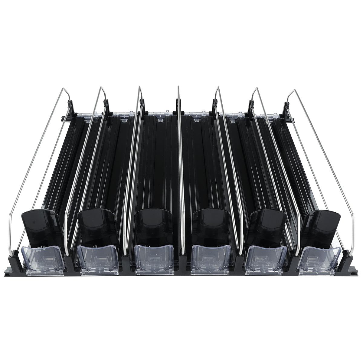 A black plastic and metal can organizer with six angled rows, clear plastic fronts, and product pusher side rails—an ideal shelf accessory compatible with Empura Refrigeration units. The organizer is empty and shown from a front-facing angle.