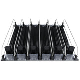 A black plastic shelf organizer with six angled lanes, each featuring a Product Pusher system and silver metal side rails, designed for efficient product organization and dispensing in Empura Refrigeration units or retail settings.